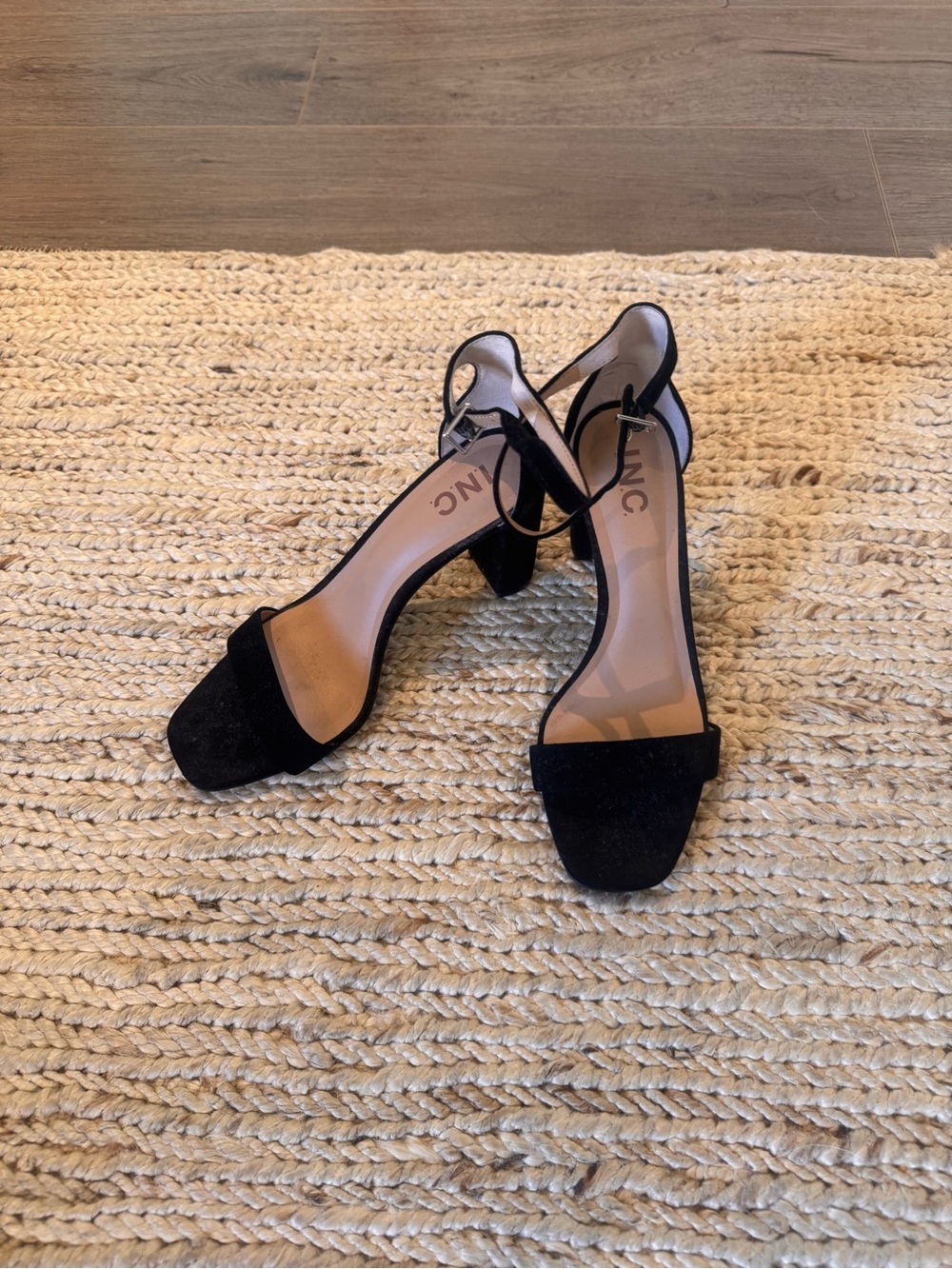 INC International Concepts Black Suede Ankle-Strap Block Heels